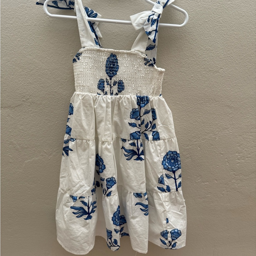 Girls White Sundress with Blue Floral Print - Smocked Bodice